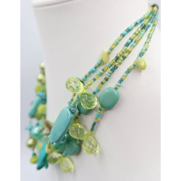 Lime Green & Faux Turquoise Multistrand Beaded Statement Choker Necklace Unsigne - Picture 3 of 5
